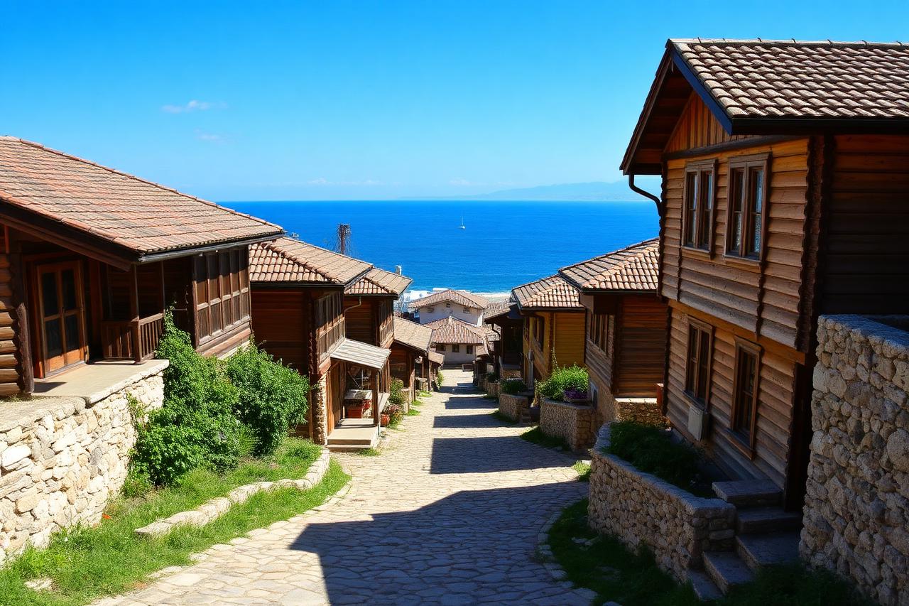 Cobbled lane with wooden Revival houses leading down to the Black Sea