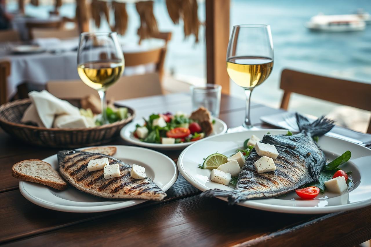 Grilled Black Sea fish, shopska salad and white wine at a seaside table