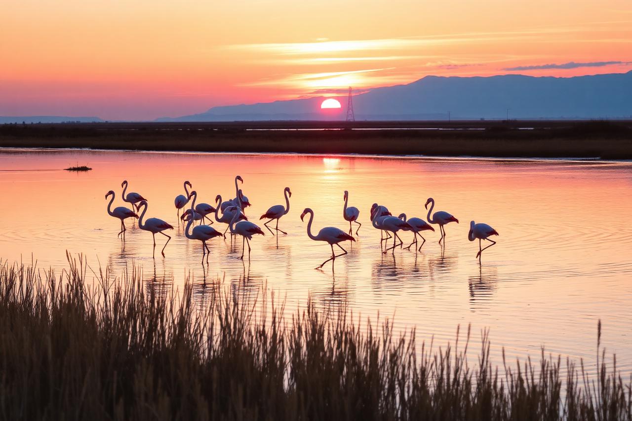 Flamingos wading in a shallow salt lake at sunset near Burgas